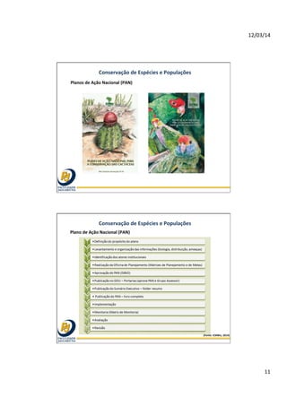 12/03/14	
  
11	
  
Conservação	
  de	
  Espécies	
  e	
  Populações	
  
Planos	
  de	
  Ação	
  Nacional	
  (PAN)	
  
Conservação	
  de	
  Espécies	
  e	
  Populações	
  
Plano	
  de	
  Ação	
  Nacional	
  (PAN)	
  
(Fonte:	
  ICMBio,	
  2014)	
  
 
