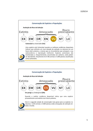 12/03/14	
  
5	
  
Conservação	
  de	
  Espécies	
  e	
  Populações	
  
Avaliação	
  do	
  Risco	
  de	
  ExOnção	
  	
  
Vulnerável	
  ou	
  Vulnerable	
  (VU):	
  	
  
	
  
Uma	
  espécie	
  está	
  Vulnerável	
  quando	
  as	
  melhores	
  evidências	
  disponíveis	
  
indicam	
  que	
  enfrenta	
  um	
  risco	
  elevado	
  de	
  ex@nção	
  na	
  natureza	
  em	
  um	
  
futuro	
  bem	
  próximo,	
  a	
  menos	
  que	
  as	
  circunstâncias	
  que	
  ameaçam	
  a	
  sua	
  
sobrevivência	
   e	
   reprodução	
   melhorem.	
   Espécies	
   vulneráveis	
   são	
  
monitoradas	
  e,	
  frequentemente,	
  encontradas	
  em	
  ca@veiro,	
  onde	
  podem	
  
ser	
  abundantes.	
  Atualmente	
  há	
  4.796	
  animais	
  e	
  5.099	
  plantas	
  classiﬁcadas	
  
como	
  vulneráveis.	
  
Conservação	
  de	
  Espécies	
  e	
  Populações	
  
Avaliação	
  do	
  Risco	
  de	
  ExOnção	
  	
  
Em	
  perigo	
  ou	
  Endangered	
  (EN):	
  	
  
	
  
Quando	
   a	
   melhor	
   evidência	
   disponível	
   indica	
   que	
   uma	
   espécie	
  
provavelmente	
  será	
  ex@nta	
  num	
  futuro	
  próximo.	
  	
  
	
  
Este	
  é	
  o	
  segundo	
  estado	
  de	
  conservação	
  mais	
  grave	
  para	
  as	
  espécies	
  na	
  
natureza.	
  3.219	
  animais	
  e	
  3.009	
  plantas	
  estão	
  ameaçadas	
  de	
  ex@nção	
  em	
  
todo	
  o	
  mundo.	
  
 
