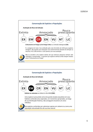 12/03/14	
  
6	
  
Conservação	
  de	
  Espécies	
  e	
  Populações	
  
Avaliação	
  do	
  Risco	
  de	
  ExOnção	
  	
  
CriOcamente	
  em	
  Perigo	
  ou	
  Em	
  Perigo	
  CríOco	
  ou	
  CriEcally	
  Endangered	
  (CR):	
  	
  
	
  
É	
  a	
  categoria	
  de	
  maior	
  risco	
  atribuído	
  pela	
  Lista	
  Vermelha	
  da	
  IUCN	
  para	
  espécies	
  
selvagens.	
  São	
  aquelas	
  que	
  enfrentam	
  risco	
  extremamente	
  elevado	
  de	
  ex@nção	
  na	
  
natureza.	
  Há	
  2.169	
  animais	
  e	
  1.957	
  plantas	
  com	
  essa	
  avaliação.	
  
	
  
Não	
   se	
   considera	
   uma	
   espécie	
   ex@nta	
   até	
   que	
   extensas	
   pesquisas	
   tenham	
   sido	
  
realizadas	
  e	
  comprovadas	
  -­‐	
  é	
  possível	
  que	
  espécies	
  ex@ntas	
  ainda	
  estejam	
  listadas	
  
como	
  "Cri@camente	
  em	
  Perigo".	
  	
  
Conservação	
  de	
  Espécies	
  e	
  Populações	
  
Avaliação	
  do	
  Risco	
  de	
  ExOnção	
  	
  
ExOnta	
  na	
  natureza	
  ou	
  ExEnct	
  in	
  the	
  Wild	
  (EW):	
  	
  
	
  
Uma	
  espécie	
  é	
  presumida	
  como	
  tal	
  quando	
  estudos	
  exaus@vos	
  em	
  seus	
  
habitats	
  conhecido	
  e/ou	
  esperados,	
  em	
  momentos	
  apropriados,	
  ao	
  longo	
  
de	
  sua	
  distribuição	
  histórica,	
  não	
  conseguem	
  encontrar	
  um	
  único	
  
indivíduo.	
  	
  
	
  
São	
  espécies	
  conhecidas	
  por	
  sobreviver	
  apenas	
  em	
  ca@veiro	
  ou	
  como	
  uma	
  
população	
  naturalizada	
  fora	
  de	
  sua	
  área	
  natural.	
  
 
