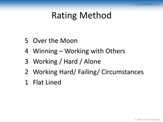 Rating Method

5   Over the Moon
4   Winning – Working with Others
3   Working / Hard / Alone
2   Working Hard/ Failing/ Circumstances
1   Flat Lined



                                    © 2000-2010 CultureSync
 