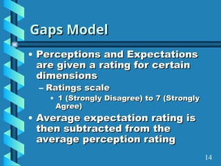 Gaps Model
Gaps Model
• Perceptions and Expectations
Perceptions and Expectations
are given a rating for certain
are given a rating for certain
dimensions
dimensions
– Ratings scale
Ratings scale
• 1 (Strongly Disagree) to 7 (Strongly
1 (Strongly Disagree) to 7 (Strongly
Agree)
Agree)
• Average expectation rating is
Average expectation rating is
then subtracted from the
then subtracted from the
average perception rating
average perception rating
14
 