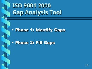 ISO 9001 2000
ISO 9001 2000
Gap Analysis Tool
Gap Analysis Tool
• Phase 1: Identify Gaps
Phase 1: Identify Gaps
• Phase 2: Fill Gaps
Phase 2: Fill Gaps
19
 