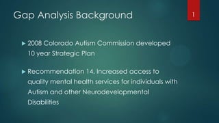 Gap Analysis Background
 2008 Colorado Autism Commission developed
10 year Strategic Plan
 Recommendation 14. Increased access to
quality mental health services for individuals with
Autism and other Neurodevelopmental
Disabilities
1
 