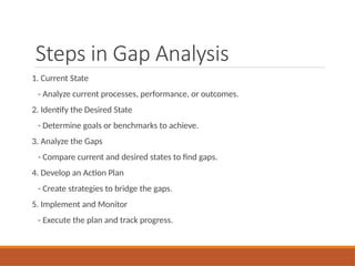 Steps in Gap Analysis
1. Current State
- Analyze current processes, performance, or outcomes.
2. Identify the Desired State
- Determine goals or benchmarks to achieve.
3. Analyze the Gaps
- Compare current and desired states to find gaps.
4. Develop an Action Plan
- Create strategies to bridge the gaps.
5. Implement and Monitor
- Execute the plan and track progress.
 