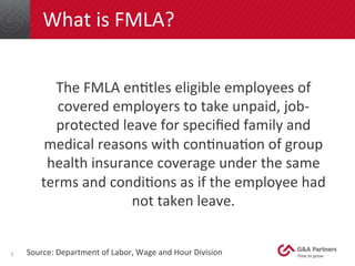 What	
  is	
  FMLA?	
  
The	
  FMLA	
  enNtles	
  eligible	
  employees	
  of	
  
covered	
  employers	
  to	
  take	
  un...