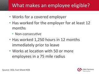 What	
  makes	
  an	
  employee	
  eligible?	
  
•  Works	
  for	
  a	
  covered	
  employer	
  
•  Has	
  worked	
  for	
...
