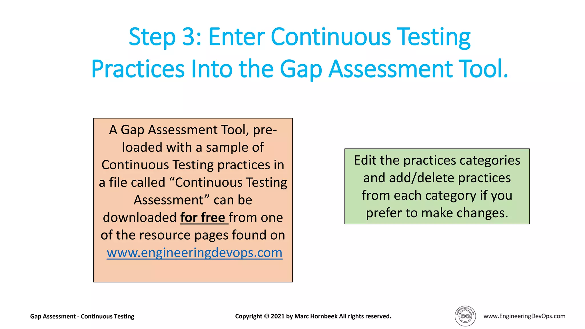 Step 3: Enter Continuous Testing
Practices Into the Gap Assessment Tool.
Gap Assessment - Continuous Testing Copyright © 2021 by Marc Hornbeek All rights reserved.
A Gap Assessment Tool, pre-
loaded with a sample of
Continuous Testing practices in
a file called “Continuous Testing
Assessment” can be
downloaded for free from one
of the resource pages found on
www.engineeringdevops.com
Edit the practices categories
and add/delete practices
from each category if you
prefer to make changes.
 