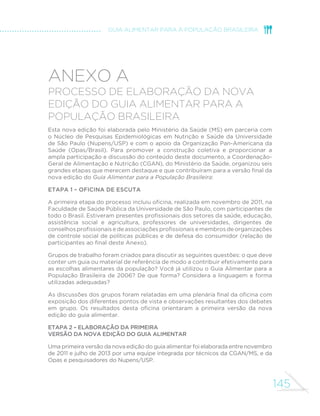 145
GUIA ALIMENTAR PARA A POPULAÇÃO BRASILEIRA
Anexo a
Processo de elaboração da nova
edição do Guia Alimentar para a
População Brasileira
Esta nova edição foi elaborada pelo Ministério da Saúde (MS) em parceria com
o Núcleo de Pesquisas Epidemiológicas em Nutrição e Saúde da Universidade
de São Paulo (Nupens/USP) e com o apoio da Organização Pan-Americana da
Saúde (Opas/Brasil). Para promover a construção coletiva e proporcionar a
ampla participação e discussão do conteúdo deste documento, a Coordenação-
Geral de Alimentação e Nutrição (CGAN), do Ministério da Saúde, organizou seis
grandes etapas que merecem destaque e que contribuíram para a versão final da
nova edição do Guia Alimentar para a População Brasileira:
Etapa 1 – Oficina de escuta
A primeira etapa do processo incluiu oficina, realizada em novembro de 2011, na
Faculdade de Saúde Pública da Universidade de São Paulo, com participantes de
todo o Brasil. Estiveram presentes profissionais dos setores da saúde, educação,
assistência social e agricultura, professores de universidades, dirigentes de
conselhos profissionais e de associações profissionais e membros de organizações
de controle social de políticas públicas e de defesa do consumidor (relação de
participantes ao final deste Anexo).
Grupos de trabalho foram criados para discutir as seguintes questões: o que deve
conter um guia ou material de referência de modo a contribuir efetivamente para
as escolhas alimentares da população? Você já utilizou o Guia Alimentar para a
População Brasileira de 2006? De que forma? Considera a linguagem e forma
utilizadas adequadas?
As discussões dos grupos foram relatadas em uma plenária final da oficina com
exposição dos diferentes pontos de vista e observações resultantes dos debates
em grupo. Os resultados desta oficina orientaram a primeira versão da nova
edição do guia alimentar.
Etapa 2 – Elaboração da primeira
versão da nova edição do guia alimentar
Uma primeira versão da nova edição do guia alimentar foi elaborada entre novembro
de 2011 e julho de 2013 por uma equipe integrada por técnicos da CGAN/MS, e da
Opas e pesquisadores do Nupens/USP.
 