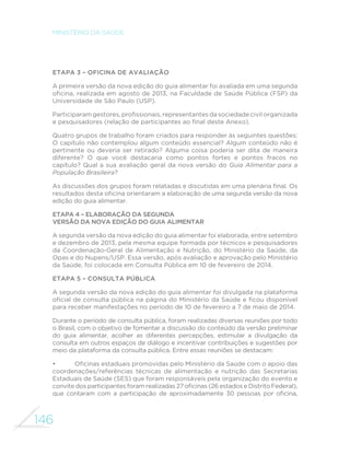 146
MINISTÉRIO DA SAÚDE
Etapa 3 – Oficina de avaliação
A primeira versão da nova edição do guia alimentar foi avaliada em uma segunda
oficina, realizada em agosto de 2013, na Faculdade de Saúde Pública (FSP) da
Universidade de São Paulo (USP).
Participaram gestores, profissionais, representantes da sociedade civil organizada
e pesquisadores (relação de participantes ao final deste Anexo).
Quatro grupos de trabalho foram criados para responder às seguintes questões:
O capítulo não contemplou algum conteúdo essencial? Algum conteúdo não é
pertinente ou deveria ser retirado? Alguma coisa poderia ser dita de maneira
diferente? O que você destacaria como pontos fortes e pontos fracos no
capítulo? Qual a sua avaliação geral da nova versão do Guia Alimentar para a
População Brasileira?
As discussões dos grupos foram relatadas e discutidas em uma plenária final. Os
resultados desta oficina orientaram a elaboração de uma segunda versão da nova
edição do guia alimentar.
Etapa 4 – Elaboração da segunda
versão da nova edição do guia alimentar
A segunda versão da nova edição do guia alimentar foi elaborada, entre setembro
e dezembro de 2013, pela mesma equipe formada por técnicos e pesquisadores
da Coordenação-Geral de Alimentação e Nutrição, do Ministério da Saúde, da
Opas e do Nupens/USP. Essa versão, após avaliação e aprovação pelo Ministério
da Saúde, foi colocada em Consulta Pública em 10 de fevereiro de 2014.
Etapa 5 – Consulta pública
A segunda versão da nova edição do guia alimentar foi divulgada na plataforma
oficial de consulta pública na página do Ministério da Saúde e ficou disponível
para receber manifestações no período de 10 de fevereiro a 7 de maio de 2014.
Durante o período de consulta pública, foram realizadas diversas reuniões por todo
o Brasil, com o objetivo de fomentar a discussão do conteúdo da versão preliminar
do guia alimentar, acolher as diferentes percepções, estimular a divulgação da
consulta em outros espaços de diálogo e incentivar contribuições e sugestões por
meio da plataforma da consulta pública. Entre essas reuniões se destacam:
•	 Oficinas estaduais promovidas pelo Ministério da Saúde com o apoio das
coordenações/referências técnicas de alimentação e nutrição das Secretarias
Estaduais de Saúde (SES) que foram responsáveis pela organização do evento e
convite dos participantes foram realizadas 27 oficinas (26 estados e Distrito Federal),
que contaram com a participação de aproximadamente 30 pessoas por oficina,
 