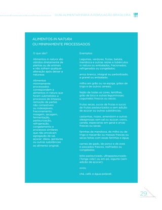 29
GUIA ALIMENTAR PARA A POPULAÇÃO BRASILEIRA
O que são?
Alimentos in natura são
obtidos diretamente de
plantas ou de animais
e não sofrem qualquer
alteração após deixar a
natureza.
Alimentos
minimamente
processados
correspondem a
alimentos in natura que
foram submetidos a
processos de limpeza,
remoção de partes
não comestíveis
ou indesejáveis,
fracionamento,
moagem, secagem,
fermentação,
pasteurização,
refrigeração,
congelamento e
processos similares
que não envolvam
agregação de sal,
açúcar, óleos, gorduras
ou outras substâncias
ao alimento original.
Exemplos:
Legumes, verduras, frutas, batata,
mandioca e outras raízes e tubérculos
in natura ou embalados, fracionados,
refrigerados ou congelados;
arroz branco, integral ou parboilizado,
a granel ou embalado;
milho em grão ou na espiga, grãos de
trigo e de outros cereais;
feijão de todas as cores, lentilhas,
grão de bico e outras leguminosas;
cogumelos frescos ou secos;
frutas secas, sucos de frutas e sucos
de frutas pasteurizados e sem adição
de açúcar ou outras substâncias;
castanhas, nozes, amendoim e outras
oleaginosas sem sal ou açúcar; cravo,
canela, especiarias em geral e ervas
frescas ou secas;
farinhas de mandioca, de milho ou de
trigo e macarrão ou massas frescas ou
secas feitas com essas farinhas e água;
carnes de gado, de porco e de aves
e pescados frescos, resfriados ou
congelados;
leite pasteurizado, ultrapasteurizado
(‘longa vida’) ou em pó, iogurte (sem
adição de açúcar);
ovos;
chá, café, e água potável.
Alimentos in natura
ou minimamente processados
 