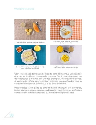 58
MINISTÉRIO DA SAÚDE
Com relação aos demais alimentos do café da manhã, a variedade é
grande, incluindo o consumo de preparações à base de cereais ou
de tubérculos e mesmo, em um dos exemplos, o consumo de ovos.
A variedade reflete preferências regionais exemplificadas com o
consumo da tapioca, do cuscuz e do bolo de milho.
Pães e queijo fazem parte do café da manhã em alguns dos exemplos,
ilustrandocomoalimentosprocessadospodemserintegradosarefeições
com base em alimentos in natura ou minimamente processados.
Café com leite, pão de queijo e mamão
Café com leite, bolo de mandioca,
queijo e mamão
Suco de laranja natural, pão francês
com manteiga e mamão
Café com leite, cuscuz e manga
 