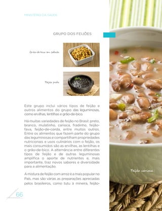 66
MINISTÉRIO DA SAÚDE
Grupo dos feijões
Este grupo inclui vários tipos de feijão e
outros alimentos do grupo das leguminosas,
como ervilhas, lentilhas e grão-de-bico.
Há muitas variedades de feijão no Brasil: preto,
branco, mulatinho, carioca, fradinho, feijão-
fava, feijão-de-corda, entre muitos outros.
Entre os alimentos que fazem parte do grupo
das leguminosas e compartilham propriedades
nutricionais e usos culinários com o feijão, os
mais consumidos são as ervilhas, as lentilhas e
o grão-de-bico. A alternância entre diferentes
tipos de feijão e de outras leguminosas
amplifica o aporte de nutrientes e, mais
importante, traz novos sabores e diversidade
para a alimentação.
Amisturadefeijãocomarrozéamaispopularno
País, mas são várias as preparações apreciadas
pelos brasileiros, como tutu à mineira, feijão-
Feijão carioca
Grão-de-bico em salada
Feijão preto
 