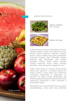 76
MINISTÉRIO DA SAÚDE
Grupo das frutas
O Brasil possui enorme variedade de frutas:
abacate, abacaxi, abiu, açaí, acerola, ameixa,
amora, araçá, araticum, atemoia, banana,
bacuri, cacau, cagaita, cajá, caqui, carambola,
ciriguela, cupuaçu, figo, fruta-pão, goiaba,
graviola, figo, jabuticaba, jaca, jambo,
jenipapo, laranja, limão, maçã, mamão,
manga, maracujá, murici, pequi, pitanga,
pitomba, romã, tamarindo, tangerina, uva.
Valem para frutas as mesmas observações
feitas para legumes e verduras quanto ao
menor preço e mais sabor dos alimentos
cultivados localmente e adquiridos no
período de safra. Frutas produzidas em
sistemasagroecológicossãoparticularmente
saborosas, preservam o meio ambiente e
promovem saúde.
Elas podem ser consumidas frescas ou secas
(desidratadas), como parte das refeições
Salada de folhas
com manga
Salada de frutas
Frutas variadas
 