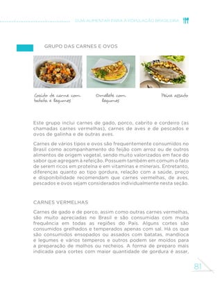 81
GUIA ALIMENTAR PARA A POPULAÇÃO BRASILEIRA
Grupo das carnes e ovos
Este grupo inclui carnes de gado, porco, cabrito e cordeiro (as
chamadas carnes vermelhas), carnes de aves e de pescados e
ovos de galinha e de outras aves.
Carnes de vários tipos e ovos são frequentemente consumidos no
Brasil como acompanhamento do feijão com arroz ou de outros
alimentos de origem vegetal, sendo muito valorizados em face do
sabor que agregam à refeição. Possuem também em comum o fato
de serem ricos em proteína e em vitaminas e minerais. Entretanto,
diferenças quanto ao tipo gordura, relação com a saúde, preço
e disponibilidade recomendam que carnes vermelhas, de aves,
pescados e ovos sejam considerados individualmente nesta seção.
Carnes vermelhas
Carnes de gado e de porco, assim como outras carnes vermelhas,
são muito apreciadas no Brasil e são consumidas com muita
frequência em todas as regiões do País. Alguns cortes são
consumidos grelhados e temperados apenas com sal. Há os que
são consumidos ensopados ou assados com batatas, mandioca
e legumes e vários temperos e outros podem ser moídos para
a preparação de molhos ou recheios. A forma de preparo mais
indicada para cortes com maior quantidade de gordura é assar,
Cozido de carne com
batata e legumes
Omelete com
legumes
Peixe assado
 