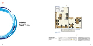 Plantas 
Work Tower 
A decoração, os mobiliários, os acessórios são mera sugestão. 
As medidas apresentadas na planta são de eixo a eixo de parede e poderão sofrer alteração de 5%. 
Acabamentos conforme memorial descritivo. 
As esquadrias poderão sofrer alterações. 
As cores dos materiais apresentados nesta planta poderão sofrer alterações. 
Esta planta poderá sofrer alterações, variações nos pilares estruturais, shafts de instalações, 
enchimentos, ou decorrentes de atendimento das posturas municipais, federais, concessionárias e do 
local. 
A localização das evaporadoras e condensadoras de ar split poderão sofrer alteração. 
A área total indicada na planta é privativa, ou seja, tomada pelas linhas externas da fachada e das 
divisas com áreas comuns e pelo eixo das paredes divisórias entre unidades, conforme descrito na 
NBR 12.721 ABNT. 
Esta planta representa a coluna 10 do 2º ao 8º pavimento do Ed. Work Tower, sendo a coluna 09 do 2º 
ao 8º pavimento espelhada. 
72 73 
 