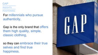 For millennials who pursue
authenticity,
Gap is the only brand that offers
them high quality, simple,
classic clothing,
so they can embrace their true
selves and find true
happiness.
GAP_______
INSIGHTS
POSITIONING
_______
 