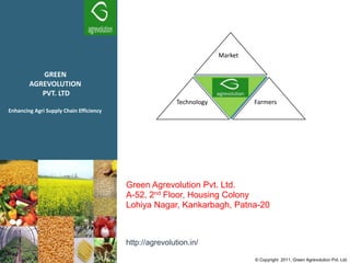 Market

           GREEN
        AGREVOLUTION
           PVT. LTD
                                                         Technology            Farmers
Enhancing Agri Supply Chain Efficiency




                                         Green Agrevolution Pvt. Ltd.
                                         A-52, 2nd Floor, Housing Colony
                                         Lohiya Nagar, Kankarbagh, Patna-20



                                         http://agrevolution.in/

                                                                               © Copyright 2011, Green Agrevolution Pvt. Ltd.
 