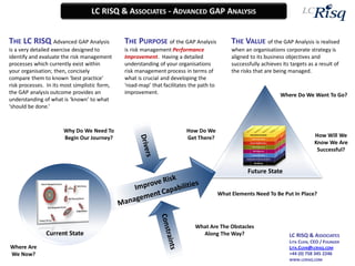 LC RISQ & ASSOCIATES - ADVANCED GAP ANALYSIS


THE LC RISQ Advanced GAP Analysis              THE PURPOSE of the GAP Analysis                THE VALUE of the GAP Analysis is realised
is a very detailed exercise designed to        is risk management Performance                 when an organisations corporate strategy is
identify and evaluate the risk management      Improvement. Having a detailed                 aligned to its business objectives and
processes which currently exist within         understanding of your organisations            successfully achieves its targets as a result of
your organisation; then, concisely             risk management process in terms of            the risks that are being managed.
compare them to known ‘best practice’          what is crucial and developing the
risk processes. In its most simplistic form,   ‘road-map’ that facilitates the path to
the GAP analysis outcome provides an           improvement.                                                        Where Do We Want To Go?
understanding of what is ‘known’ to what
‘should be done.’



                       Why Do We Need To                                 How Do We
                       Begin Our Journey?                                Get There?                                                How Will We
                                                                                                                                   Know We Are
                                                                                                                                    Successful?


                                                                                                     Future State


                                                                                         What Elements Need To Be Put In Place?




                                                                             What Are The Obstacles
               Current State                                                   Along The Way?                          LC RISQ & ASSOCIATES
                                                                                                                       LITA CUEN, CEO / FOUNDER
Where Are                                                                                                              LITA.CUEN@LCRISQ.COM
We Now?                                                                                                                +44 (0) 758 345 2246
                                                                                                                       WWW.LCRISQ.COM
 