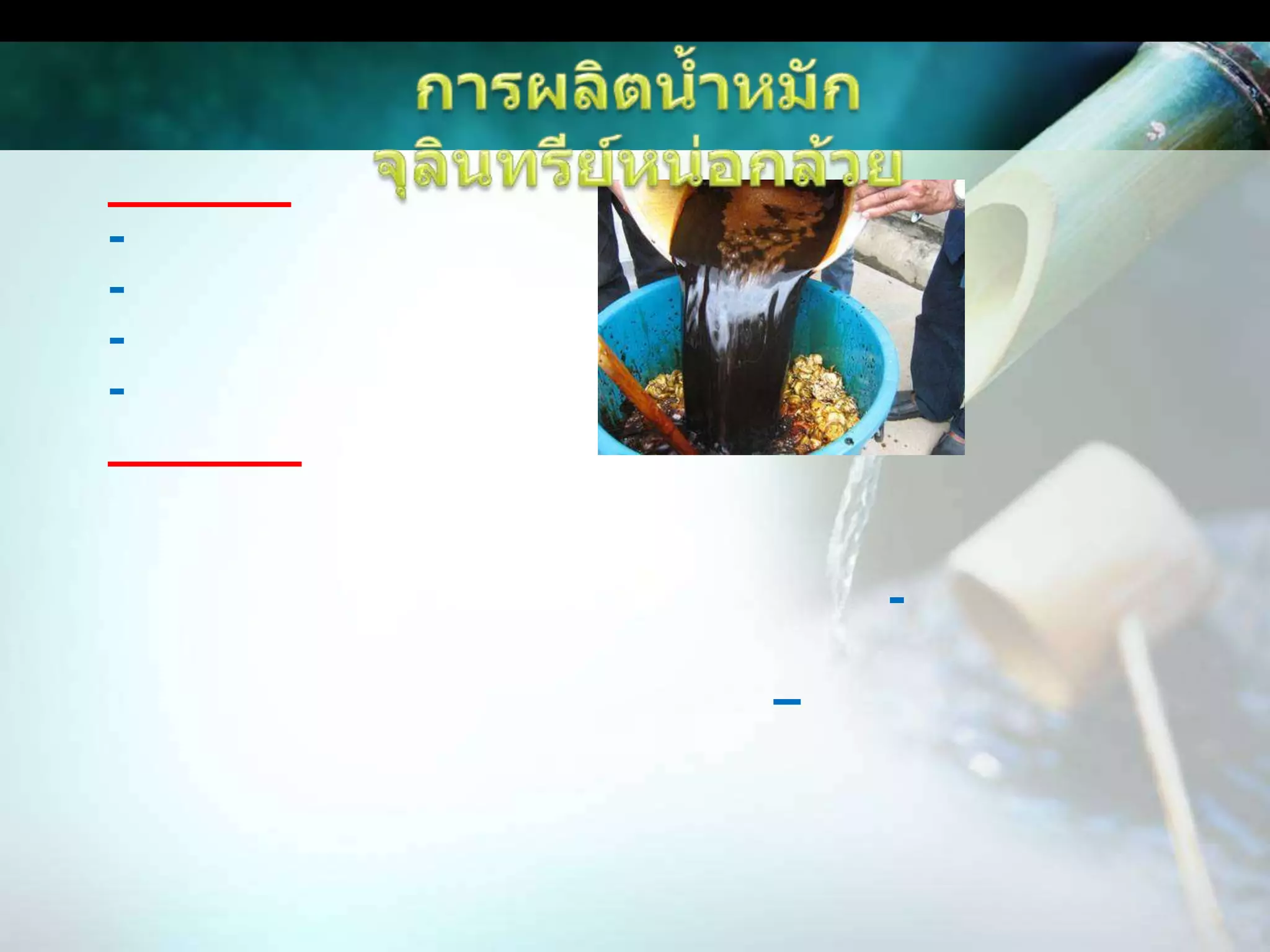 การผลิตน้ำหมักจุลินทรีย์หน่อกล้วยส่วนผสม-หน่อกล้วยสับละเอียด 30 กิโลกรัม-กากน้ำตาล 10 กิโลกรัม-สารเร่ง พด.2 1 ซอง-น้ำ 100 ลิตรวิธีการทำหน่อกล้วยอ่อนความสูงจากพื้นดิน 1 เมตร ขุดเหง้าสลัดเอาดินออกไม่ต้องล้างน้ำ เอาทั้งเหง้าต้น นำหน่อกล้วยสับละเอียดใส่ถังพลาสติกทึบแสงขนาดจุ 150- 200 ลิตร คลุกเคล้ากับกากน้ำตาล เติมน้ำสะอาดลงถังเกือบเต็ม ละลายสารเร่ง พด.2 คนติดต่อกัน 5 – 10 นาที ก่อนใส่ถังคนให้เข้ากัน(ถ้าไม่มีก็ไม่ต้องใส่ก็ได้) ปิดฝาให้สนิท 2 วัน 2 คืน (48 ชั่วโมง) ไม่ให้อากาศเข้า (ไม่ให้จุลินทรีย์ภายนอกเข้าไป) หลัง 48 ชั่วโมงแล้ว ให้เปิดฝาถังคนทุกวัน และคอยกดวัสดุให้จมน้ำอยู่เสมอ หมักไว้ในร่มนาน 7 วัน (จนหมดฟอง) นำกากกล้วยออกจากถังไปใส่โคนต้นไผ่หรือในแปลงนาเพื่อเป็นปุ๋ยให้หมดเหลือแต่ น้ำ สามารถเก็บได้นานถึง 6 เดือน