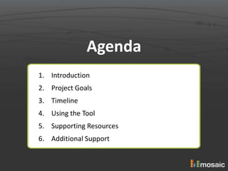 Agenda
1. Introduction
2. Project Goals
3. Timeline
4. Using the Tool
5. Supporting Resources
6. Additional Support
 