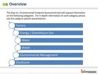 Overview
The Gap Inc. Environmental Footprint Assessment tool will request information
on the following categories. For in-depth information on each category, please
see the category-specific presentations.

         Factory

             Energy / Greenhouse Gas

              Water

              Waste

             Environmental Management

         Disclosure
 
