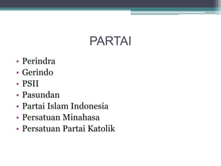 PARTAI
• Perindra
• Gerindo
• PSII
• Pasundan
• Partai Islam Indonesia
• Persatuan Minahasa
• Persatuan Partai Katolik
 