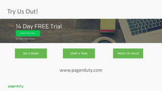 Try Us Out!
www.pagerduty.com
SEE A DEMO PROOF OF VALUESTART A TRIAL
 