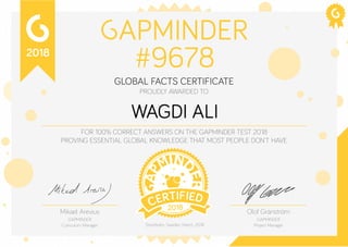 2018
FOR 100% CORRECT ANSWERS ON THE GAPMINDER TEST 2018
PROVING ESSENTIAL GLOBAL KNOWLEDGE THAT MOST PEOPLE DON’T HAVE
GLOBAL FACTS CERTIFICATE
2018
#9678
Mikael Arevius
GAPMINDER
Curriculum Manager
Olof Gränström
GAPMINDER
Project ManagerStockholm, Sweden, March, 2018
PROUDLY AWARDED TO
WAGDI ALI
 