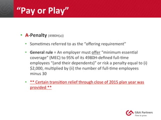 •  A-­‐Penalty	
  (4980H(a))	
  
•  Some@mes	
  referred	
  to	
  as	
  the	
  “oﬀering	
  requirement”	
  
•  General	
  rule	
  =	
  An	
  employer	
  must	
  oﬀer	
  “minimum	
  essen@al	
  
coverage”	
  (MEC)	
  to	
  95%	
  of	
  its	
  4980H-­‐deﬁned	
  full-­‐@me	
  
employees	
  “(and	
  their	
  dependents)”	
  or	
  risk	
  a	
  penalty	
  equal	
  to	
  (i)	
  
$2,000,	
  mul@plied	
  by	
  (ii)	
  the	
  number	
  of	
  full-­‐@me	
  employees	
  
minus	
  30	
  
•  **	
  Certain	
  transi@on	
  relief	
  through	
  close	
  of	
  2015	
  plan	
  year	
  was	
  
provided	
  **	
  
	
  
“Pay	
  or	
  Play”	
  
 
