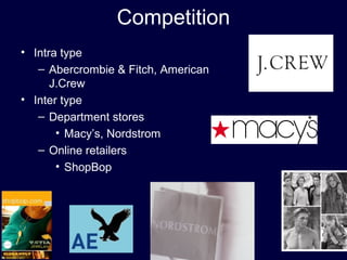 Competition
• Intra type
– Abercrombie & Fitch, American Eagle,
J.Crew
• Inter type
– Department stores
• Macy’s, Nordstrom
– Online retailers
• ShopBop
 