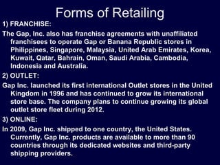 Forms of Retailing
1) FRANCHISE:
The Gap, Inc. also has franchise agreements with unaffiliated
franchisees to operate Gap or Banana Republic stores in
Philippines, Singapore, Malaysia, United Arab Emirates, Korea,
Kuwait, Qatar, Bahrain, Oman, Saudi Arabia, Cambodia,
Indonesia and Australia.
2) OUTLET:
Gap Inc. launched its first international Outlet stores in the United
Kingdom in 1996 and has continued to grow its international
store base. The company plans to continue growing its global
outlet store fleet during 2012.
3) ONLINE:
In 2009, Gap Inc. shipped to one country, the United States.
Currently, Gap Inc. products are available to more than 90
countries through its dedicated websites and third-party
shipping providers.
 