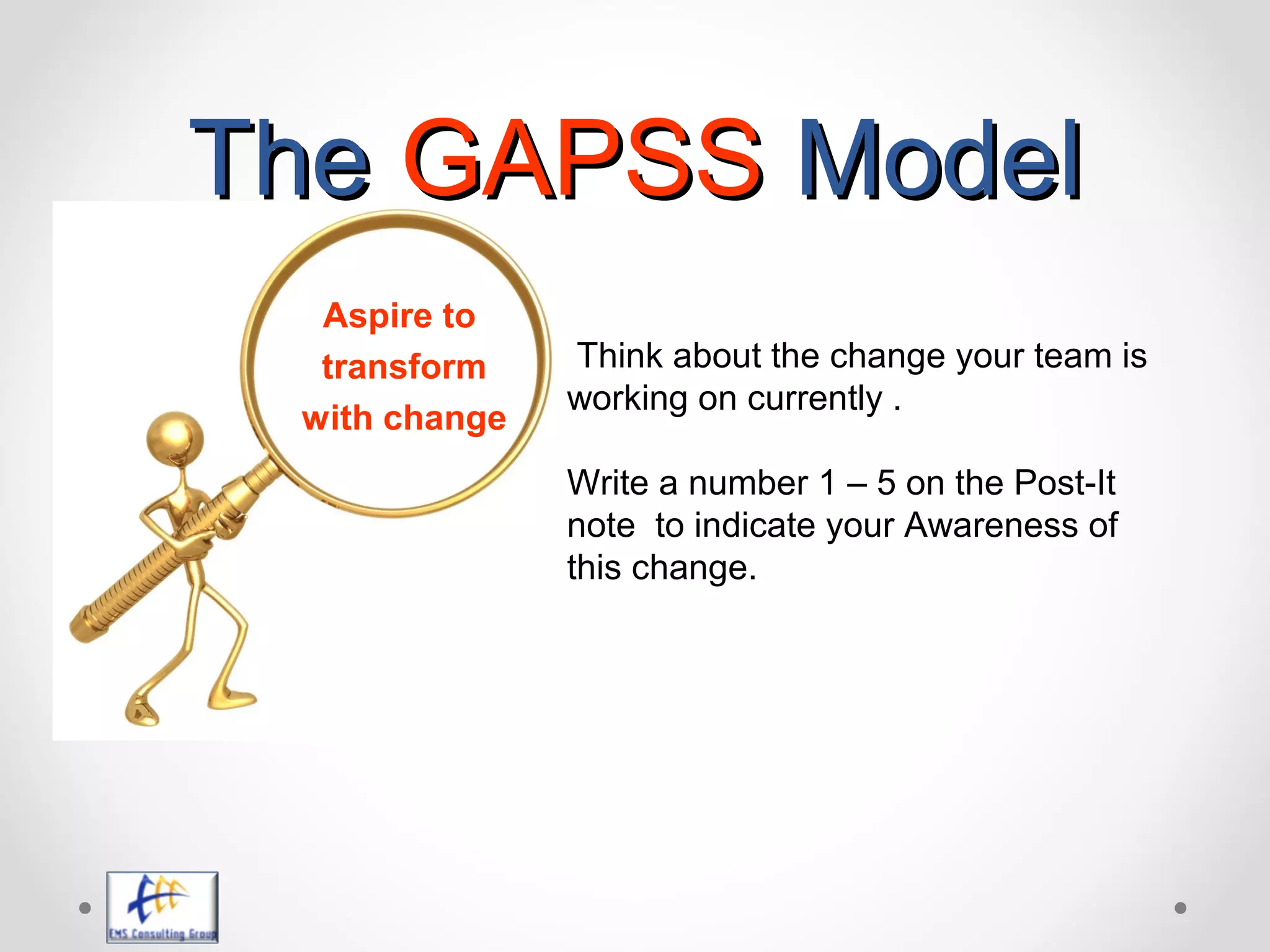 TheThe GAPSSGAPSS ModelModel
Aspire to
transform
with change
Think about the change your team is
working on currently .
Write a number 1 – 5 on the Post-It
note to indicate your Awareness of
this change.
 