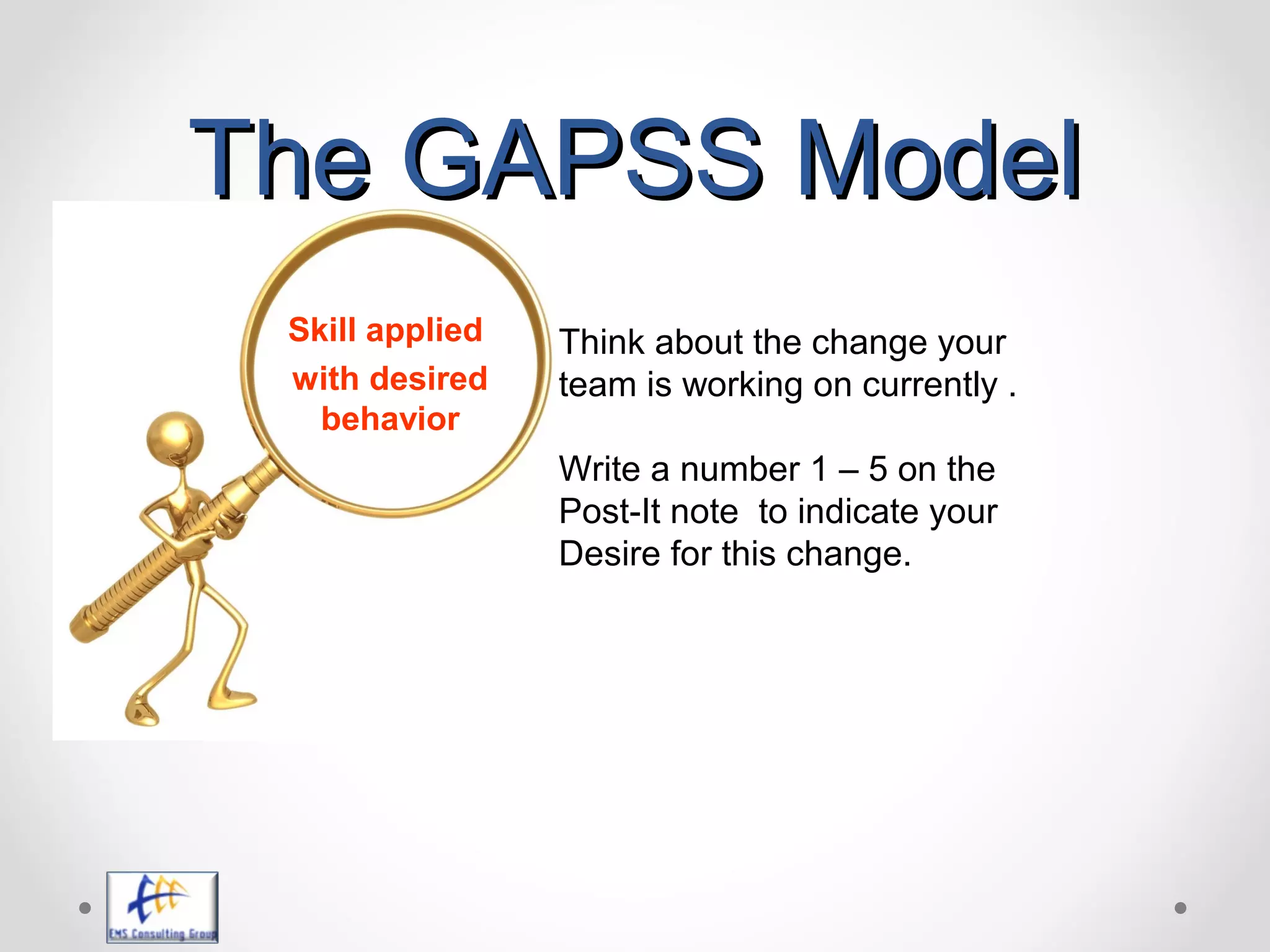 The GAPSS ModelThe GAPSS Model
Skill applied
with desired
behavior
Think about the change your
team is working on currently .
Write a number 1 – 5 on the
Post-It note to indicate your
Desire for this change.
 