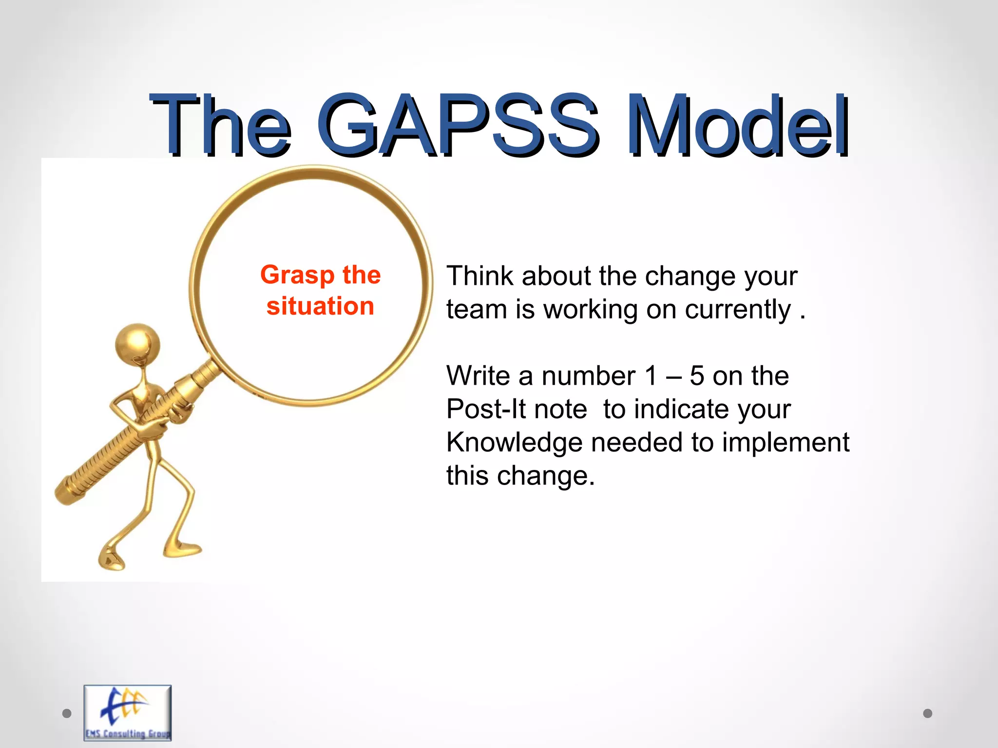 The GAPSS ModelThe GAPSS Model
Grasp the
situation
Think about the change your
team is working on currently .
Write a number 1 – 5 on the
Post-It note to indicate your
Knowledge needed to implement
this change.
 