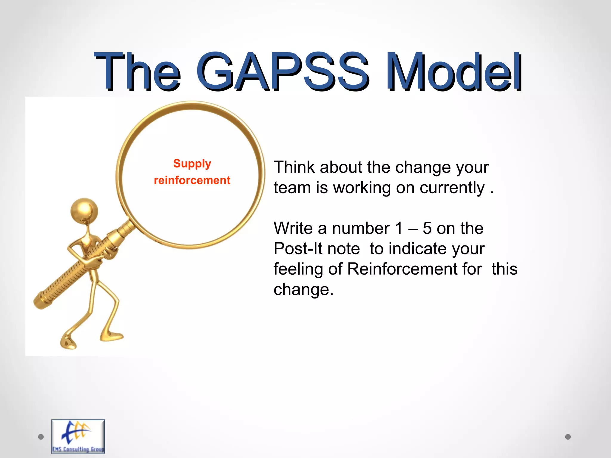 The GAPSS ModelThe GAPSS Model
Think about the change your
team is working on currently .
Write a number 1 – 5 on the
Post-It note to indicate your
feeling of Reinforcement for this
change.
Supply
reinforcement
 