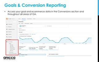 Goals & Conversion Reporting
• Access your goal and ecommerce data in the Conversions section and
throughout all areas of GA.
 