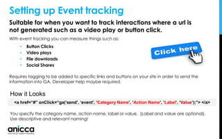 Suitable for when you want to track interactions where a url is
not generated such as a video play or button click.
With event tracking you can measure things such as:
• Button Clicks
• Video plays
• File downloads
• Social Shares
Requires tagging to be added to specific links and buttons on your site in order to send the
information into GA. Developer help maybe required.
Setting up Event tracking
You specify the category name, action name, label or value. (Label and value are optional).
Use descriptive and relevant naming!
<a href=“#” onClick=“ga(‘send’, ‘event', ‘Category Name', ‘Action Name', ‘Label‘, ‘Value‘);”> </a>
How it Looks
 