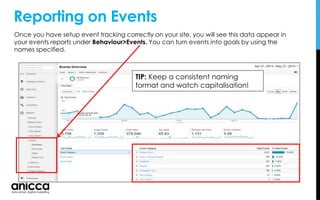 Reporting on Events
Once you have setup event tracking correctly on your site, you will see this data appear in
your events reports under Behaviour>Events. You can turn events into goals by using the
names specified.
TIP: Keep a consistent naming
format and watch capitalisation!
 