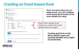 Creating an Event based Goal
Once you have setup your on-
page events, you can configure
event based goals based on the
event details you setup.
Enter Event Details (must
match or contain the event
details setup on page)
Creating goals from events
allows greater usage and
reporting flexibility and is highly
recommended.
 