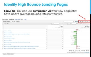 Bonus Tip: You can use comparison view to view pages that
have above average bounce rates for your site.
Identify High Bounce Landing Pages
 