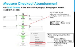 Measure Checkout Abandonment
Use Goal Funnels to see how visitors progress through your form or
checkout process!
Understand where
abandonment occurs and
what your cart to conversion
rate is
Access Report from
(Conversions >Goals>Funnel
Visualization)
Works for any sequential step
Process:
• Checkout Steps
• Form Completion Steps
• Website Category
progression
 