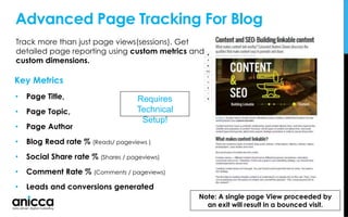 Advanced Page Tracking For Blog
• Page Title,
• Page Topic,
• Page Author
• Blog Read rate % (Reads/ pageviews )
• Social Share rate % (Shares / pageviews)
• Comment Rate % (Comments / pageviews)
• Leads and conversions generated
Key Metrics
Track more than just page views(sessions). Get
detailed page reporting using custom metrics and
custom dimensions.
Requires
Technical
Setup!
Note: A single page View proceeded by
an exit will result in a bounced visit.
 