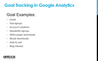Goal Tracking in Google Analytics
Goal Examples:
• Leads
• Trial signups
• Account creations
• Newsletter signups
• White paper downloads
• Ebook downloads
• Add to cart
• Blog Viewed
 
