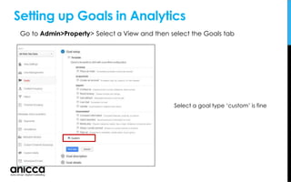 Setting up Goals in Analytics
Select a goal type ‘custom’ is fine
Go to Admin>Property> Select a View and then select the Goals tab
 
