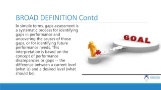 BROAD DEFINITION Contd
In simple terms, gaps assessment is
a systematic process for identifying
gaps in performance and
uncovering the causes of those
gaps, or for identifying future
performance needs. This
interpretation is based on the
concept of performance
discrepancies or gaps -- the
difference between a current level
(what is) and a desired level (what
should be).
 