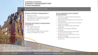 10-FEB-2020 © 2020 - ALL RIGHTS RESERVED - GAPS BVBA - BELGIUM 3
LEARNING EXPERIENCE INFORMATION SHEET
PROJECT MANAGEMENT FOR TEAM MEMBERS
LEARNING EXPERIENCE
PROJECT MANAGEMENT FOR
TEAM MEMBERS
WHAT IS PROJECT MANAGEMENT ?
LEARNING EXPERIENCE OUTLINE
• Project concept
• The difference with operational tasks
• Management vs delivery methods
• Typical project roles
COLLABORATING WITH PROJECT
MANAGEMENT
• Helping to create a Work Breakdown
Structure (WBS)
• Becoming a Management Control Point
(MCP)-owner
• Using estimation techniques to assess
project workload
• Reading & understanding a project
schedule
• Different meetings for different
purposes
• Handling planned and unplanned
variances in the project
• Providing status information to the
project manager
• Working on different projects at the
same time
IMPORTANT PROJECT MANAGEMENT
CONCEPTS
• The Project Life Cycle
• The triple constraint
• Project Stakeholders
• The escalation ladder and the other
project (management) roles
 