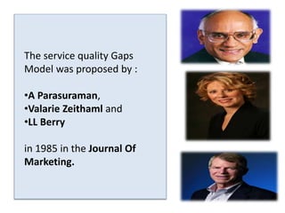 The service quality Gaps 
Model was proposed by : 
•A Parasuraman, 
•Valarie Zeithaml and 
•LL Berry 
in 1985 in the Journal Of 
Marketing. 
 