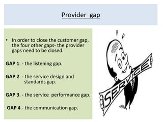 Provider gap 
• In order to close the customer gap, 
the four other gaps- the provider 
gaps need to be closed. 
GAP 1. - the listening gap. 
GAP 2. - the service design and 
standards gap. 
GAP 3. - the service performance gap. 
GAP 4.- the communication gap. 
 