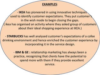 EXAMPLES: 
- IKEA has pioneered in using innovative techniques 
used to identify customer expectations. They put customer’s 
in the wish mode to begin closing the gaps. 
( ikea has organised an activity where they asked group of customers 
about their ideal shopping experience at IKEA.) 
- STARBUCKS has well analysed customer’s expectations of a cofee 
drinking environment and hence enriched the customer experience by 
incorporating it in the service design. 
- IBM & GE : relationship marketing has always been a 
practice, recognizing that clients have the potential to 
spend more with them if they provide excellent 
service. 
 
