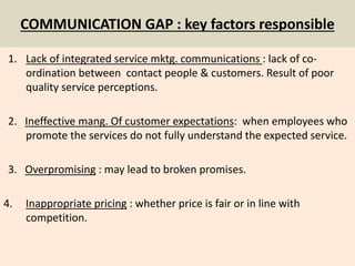 COMMUNICATION GAP : key factors responsible 
1. Lack of integrated service mktg. communications : lack of co-ordination 
between contact people & customers. Result of poor 
quality service perceptions. 
2. Ineffective mang. Of customer expectations: when employees who 
promote the services do not fully understand the expected service. 
3. Overpromising : may lead to broken promises. 
4. Inappropriate pricing : whether price is fair or in line with 
competition. 
 